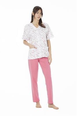 Pigiama in Cotone Giacca Aperta Manica Corta Pantalone Lungo