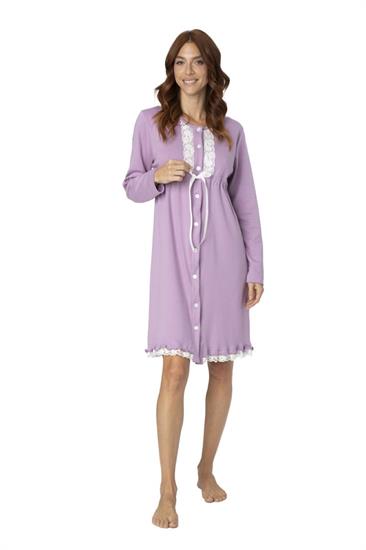 Camicia da Notte in Interlock Aperta con Coulisse e Pizzo