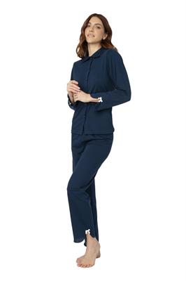 Pigiama in Cotone Giacca Aperta Manica Lunga Pantalone Lungo con Spacchi