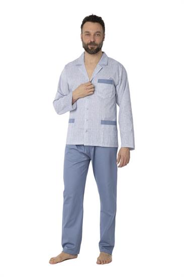 Pigiama in Tela Twill Giacca Aperta Manica Lunga Pantalone Lungo Abbottonato