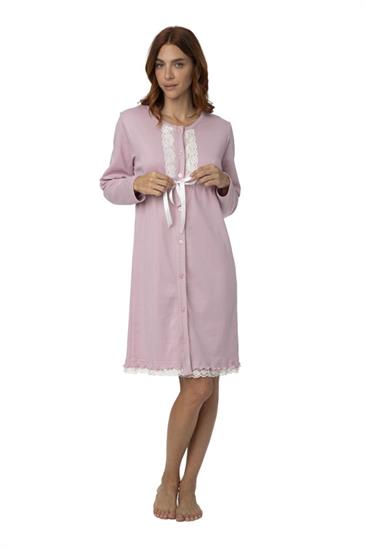 Camicia da Notte in Interlock Aperta con Coulisse e Pizzo